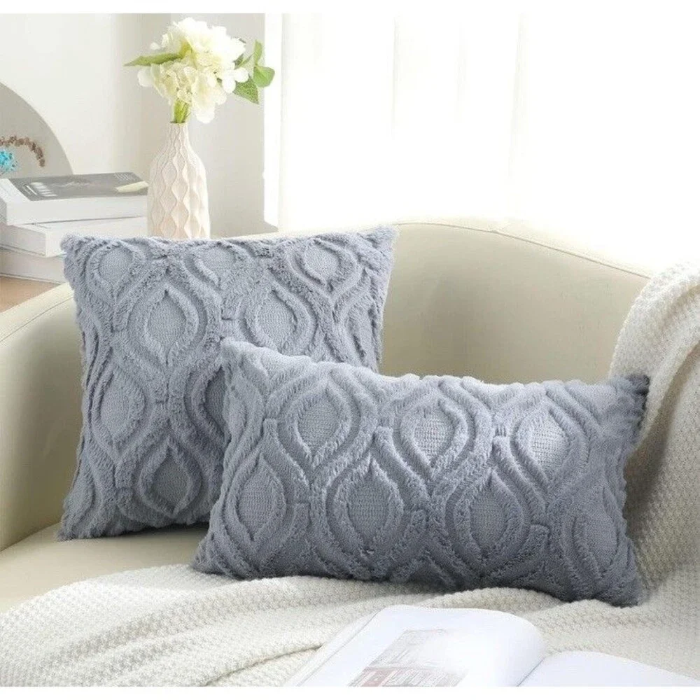 Pillow Covers 18X18in Set Of 2 Soft Plush Faux Fur Textured Blue Gray Farmhouse